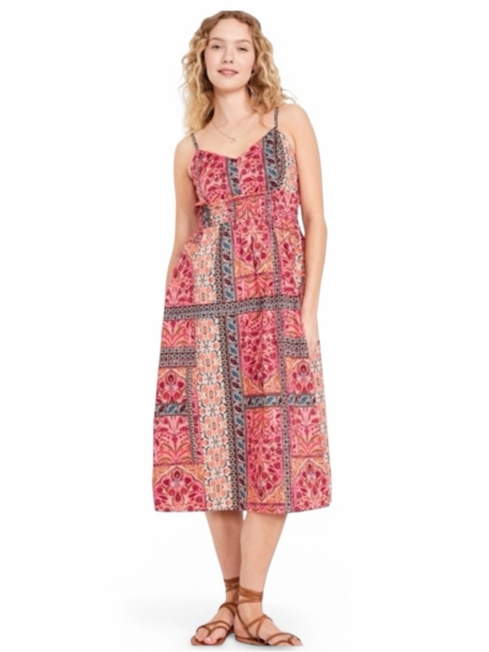 Old Navy Pink Patchwork-Print Midi Dress